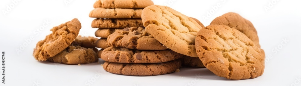 Cookies Standing On White Background Wide Panoramic. Generative AI