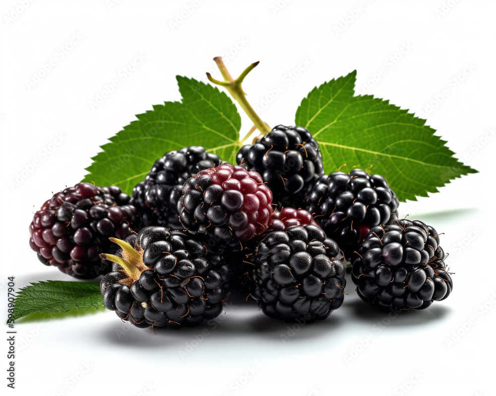 Macro shot of a fresh delicious ideal bunch of blackberry, with green leaves, isolated on a white background, photorealism, minimalism, food photography Macro shot of a fresh delicious ideal bunch of blackberry, with green leaves, isolated on a white background, photorealism, minimalism, food photography