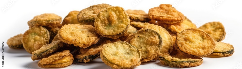 Fried Pickles Standing On White Background Wide Panoramic. Generative AI