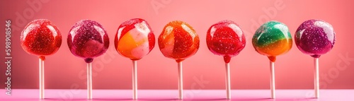 Lollipops Standing On Gradient White Pink Background Wide Panoramic. Generative AI photo