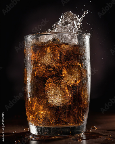 Tall, transparent glass filled to the brim with ice-cold cola bubbling and fizzing, with tiny bubbles rising to the surface and bursting in a refreshing display. AI image