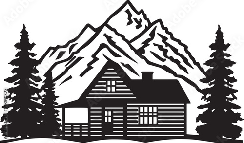 Wild natural landscape with mountains, house, rocks, vector illustration, SVG