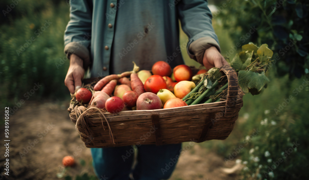 male person holding basket of fresh vegetables and fruits, male person holding basket of fresh vegetables and fruits,