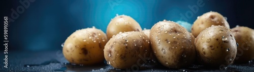 Potatoes With Droplets On A Blue Background. Generative AI photo