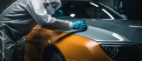 A man polishes a car. Concept of manual labor, craftsmanship or industry. Generative AI