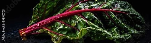 Swiss Chard With Droplets On A Black Background. Generative AI