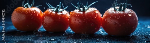 Tomatoes With Droplets On A Blue Background. Generative AI photo