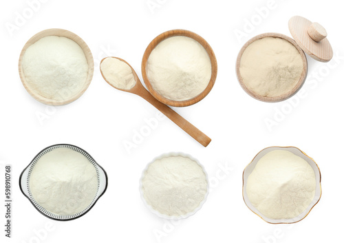 Set with agar-agar powder isolated on white, top view