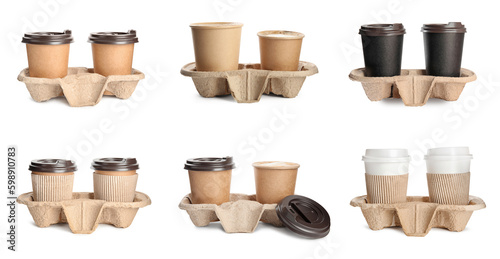Takeaway paper cups with coffee in cardboard holders isolated on white. Collage design