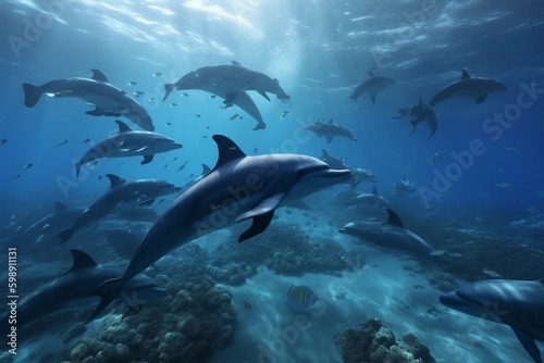 A detailed illustration of a group of sea creatures, such as dolphins or whales, in their natural habitat, Generative AI
