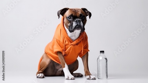 Boxer Dog In A Tracksuit Holding A Sports Water Bottle On White Background. Generative AI photo