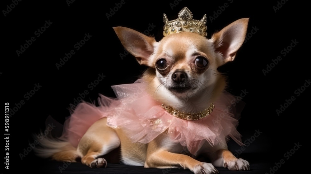 Chihuahua Dog Wearing A Princess Costume And A Tiara On Black Background. Generative AI