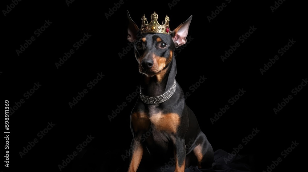 Doberman Pinscher Dog Wearing A Princess Costume And A Tiara On Black Background. Generative AI
