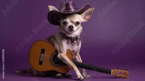 Chihuahua Dog Wearing A Cowboy Hat And Boots With A Guitar Slung Over His Shoulder On Purple Background. Generative AI photo