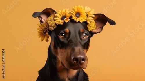 Doberman Pinscher Dog With A Flower Crown On Yellow Background. Generative AI