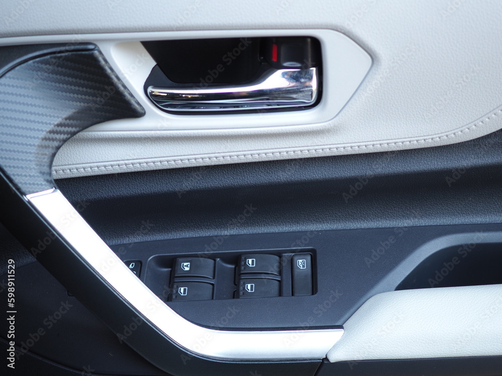 Inner door handle with lock unlock buttons. Inner car door panel.