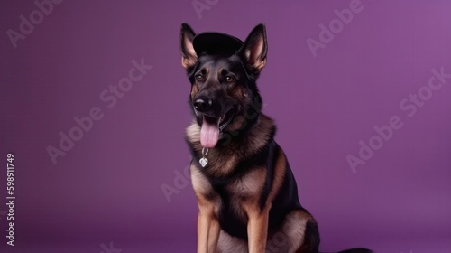 German Shepherd Dog Wearing A Cowboy Hat And Boots With On Purple Background. Generative AI