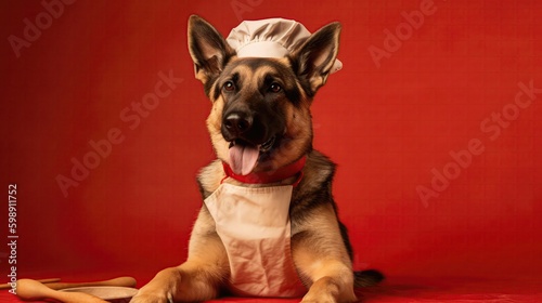 German Shepherd Dog Wearing A Chefs Hat And Apron Holding A Wooden Spoon On Red Background. Generative AI