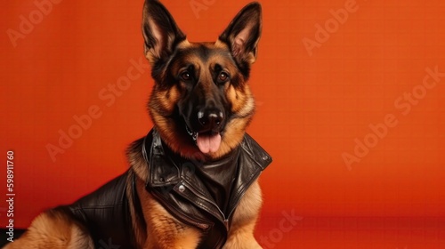 German Shepherd Dog Wearing A Leather Jacket On Coral Color Background. Generative AI