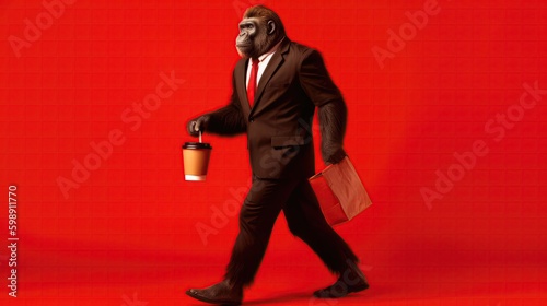 Gorilla Monkey In A Suit And Tie Carrying A Briefcase And A Cup Of Coffee On Red Background. Generative AI © Ян Заболотний