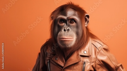 Orangutan Monkey Wearing A Leather Jacket On Coral Color Background. Generative AI
