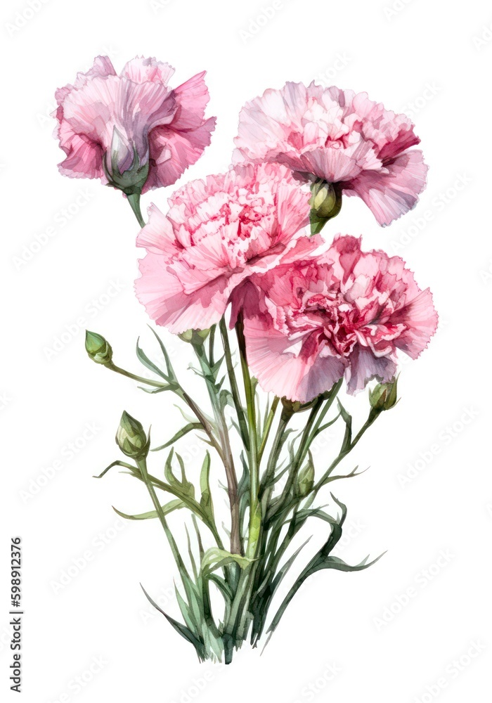 Watercolor illustration of a bouquet of pink carnations isolated on white background. Generative AI.
