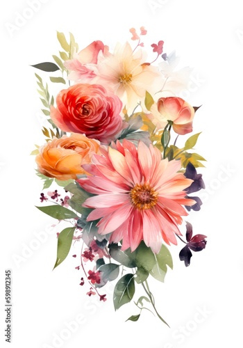 Watercolor bouquet of different flowers on white background. Generative AI. © Hanna