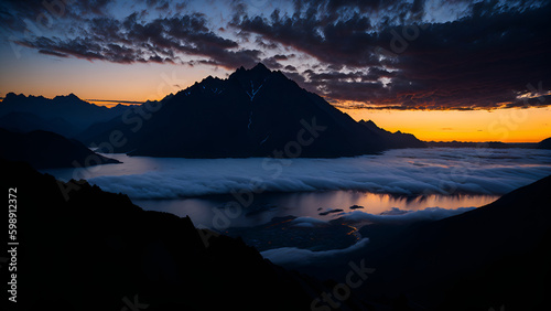 a mountain range with a sunset in the background and a stream running through it, with a few clouds in the sky, and a few mountains in the foreground, and a few. (Generative AI) © AydinTutas