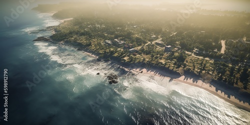 An aerial image of beach and coastline.top down view of beach, rock and sea with water waves. summer vacation holidays background. Generative AI