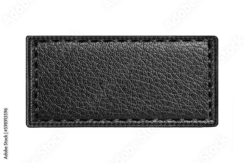 Black leather belt strap closeup isolated on white. Black stitched leather seam frame label tag isolated on white. Empty copy space fashion background. Textile frame cutout.