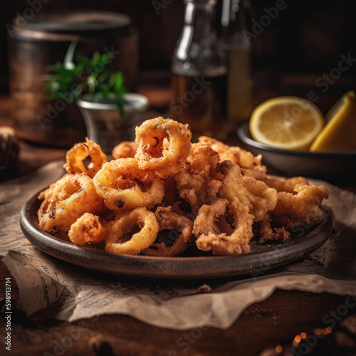 Fried Calamari On Stone In Rustic Pub. Generative AI