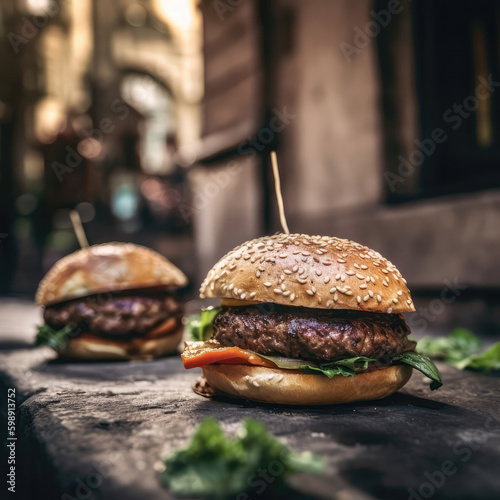 Hamburgers On Stone In Rustic Pub. Generative AI photo