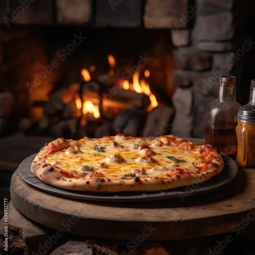 Four Cheese Pizza On Stone In Rustic Pub. Generative AI