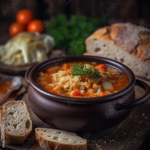 Hutsul Kapusniak Cabbage Soup On Stone In Rustic Pub Ukrainian Dishes. Generative AI © Ян Заболотний