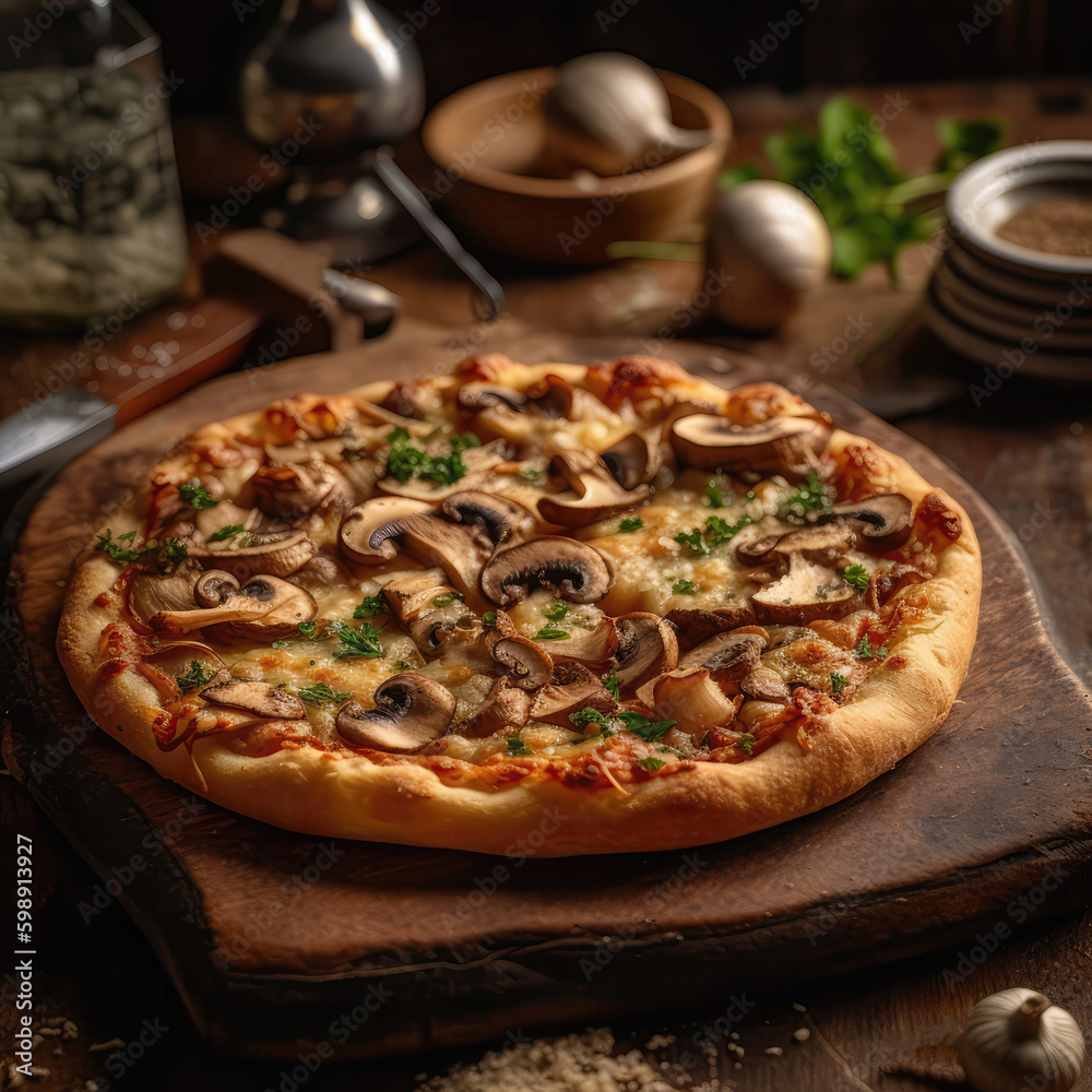 Mushroom And Onion Pizza On Stone In Rustic Pub. Generative AI