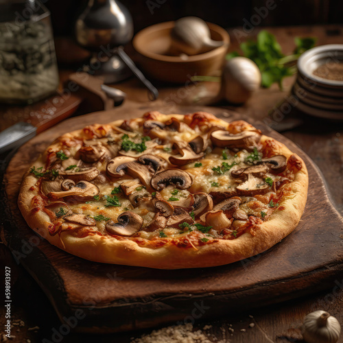 Mushroom And Onion Pizza On Stone In Rustic Pub. Generative AI