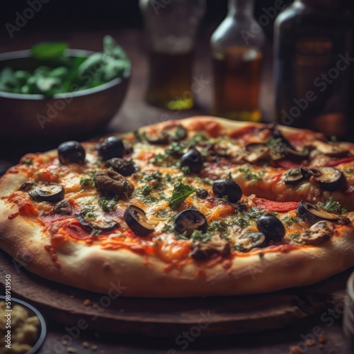 Mediterranean Pizza On Stone In Rustic Pub. Generative AI