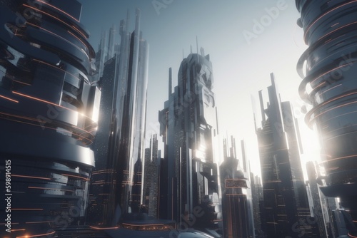 A futuristic cityscape with advanced security and surveillance technology  Generative AI