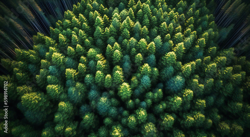 aerial view of the forest with green pine trees