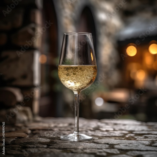Riesling Wine On Stone In Rustic Pub. Generative AI