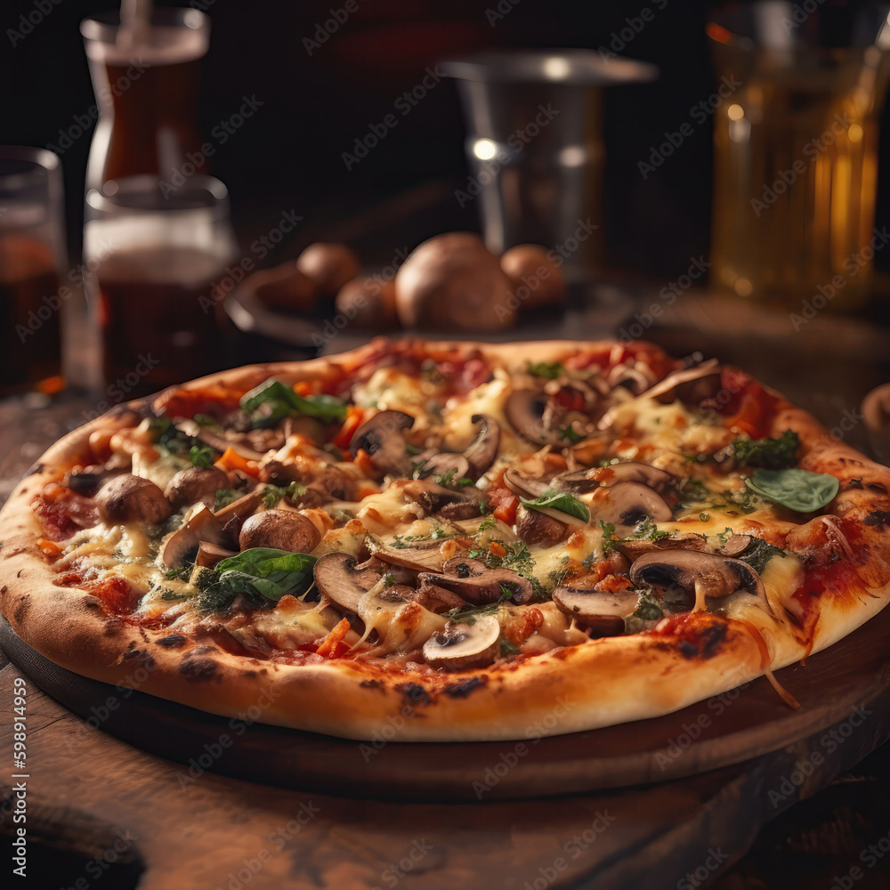 Supreme Pizza On Stone In Rustic Pub. Generative AI