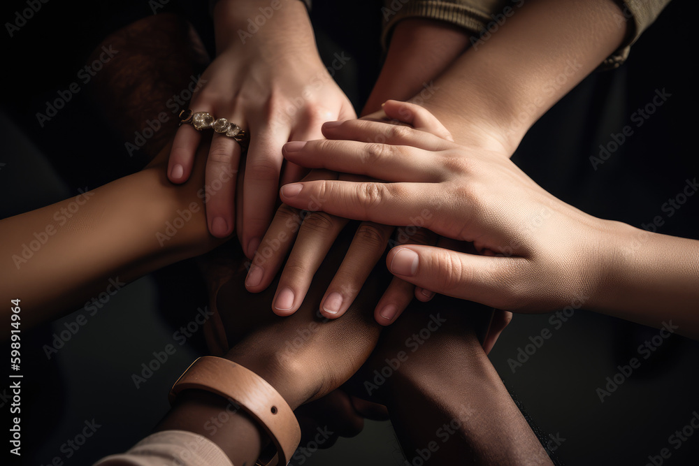 United Strength. Stack of hands showing unity, teamwork, and diversity. Collaboration and togetherness concept. AI Generative