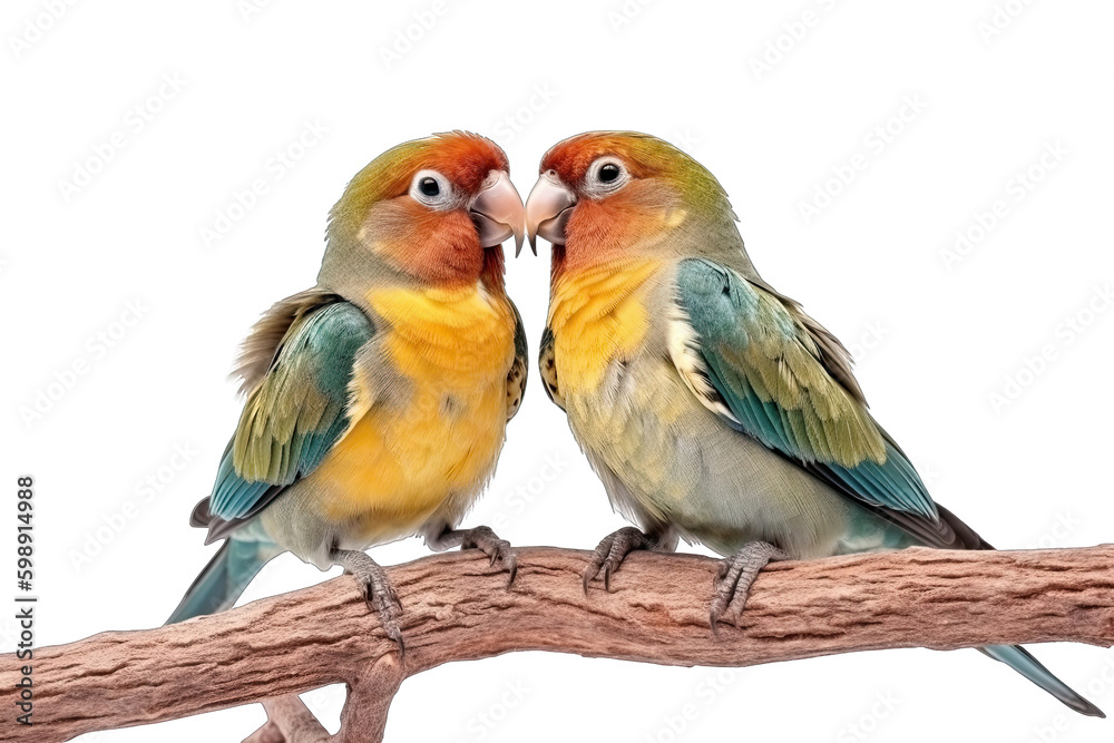 two love birds on a tree branch isolated on white, transparent background, PNG, generative ai two love birds on a tree branch isolated on white, transparent background, PNG, generative ai