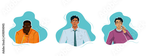 Diverse doubtful men in process of thinking