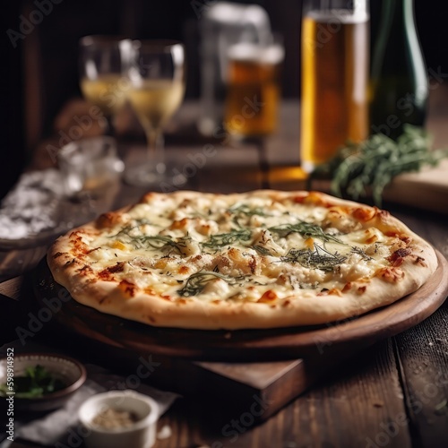 White Pizza On Stone In Rustic Pub. Generative AI