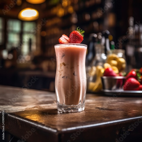 Strawberry Banana Smoothie On Stone In Rustic Pub. Generative AI photo
