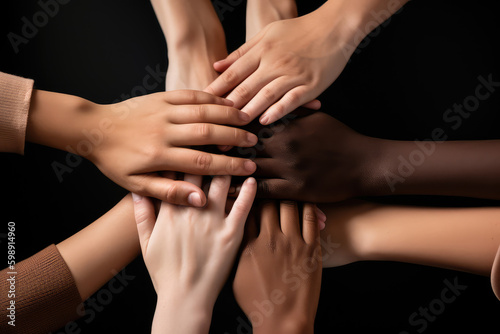 United Strength. Stack of hands showing unity  teamwork  and diversity. Collaboration and togetherness concept. AI Generative