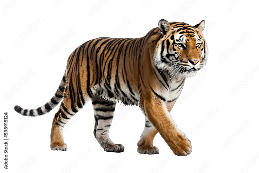 tiger walk isolated on white background , transparent background, PNG, generative ai
