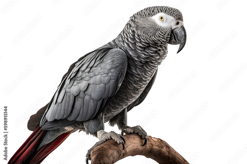 Fototapeta premium Congo African Grey Parrot on a branch isolated on white, transparent background, PNG, generative ai