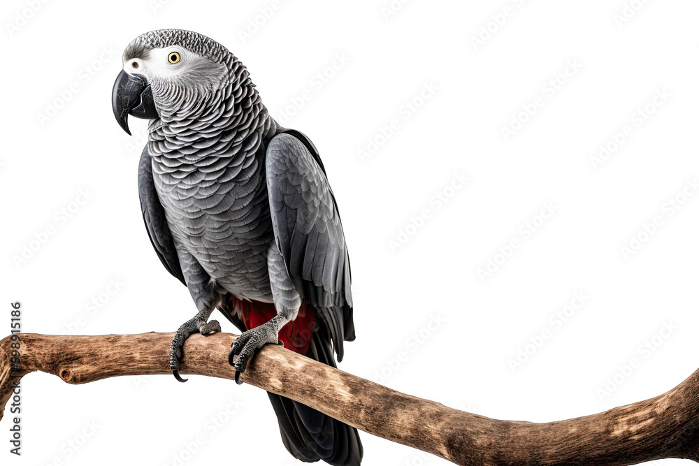 Fototapeta premium Congo African Grey Parrot on a branch isolated on white, transparent background, PNG, generative ai